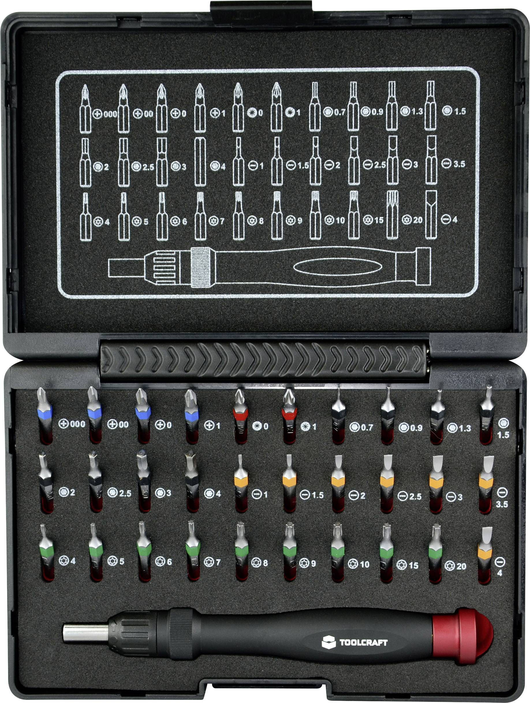 Ein Schraubendreher-Set in einem offenen Koffer mit verschiedenen Bits und einem ergonomischen Griff, organisiert nach Größe und Art.