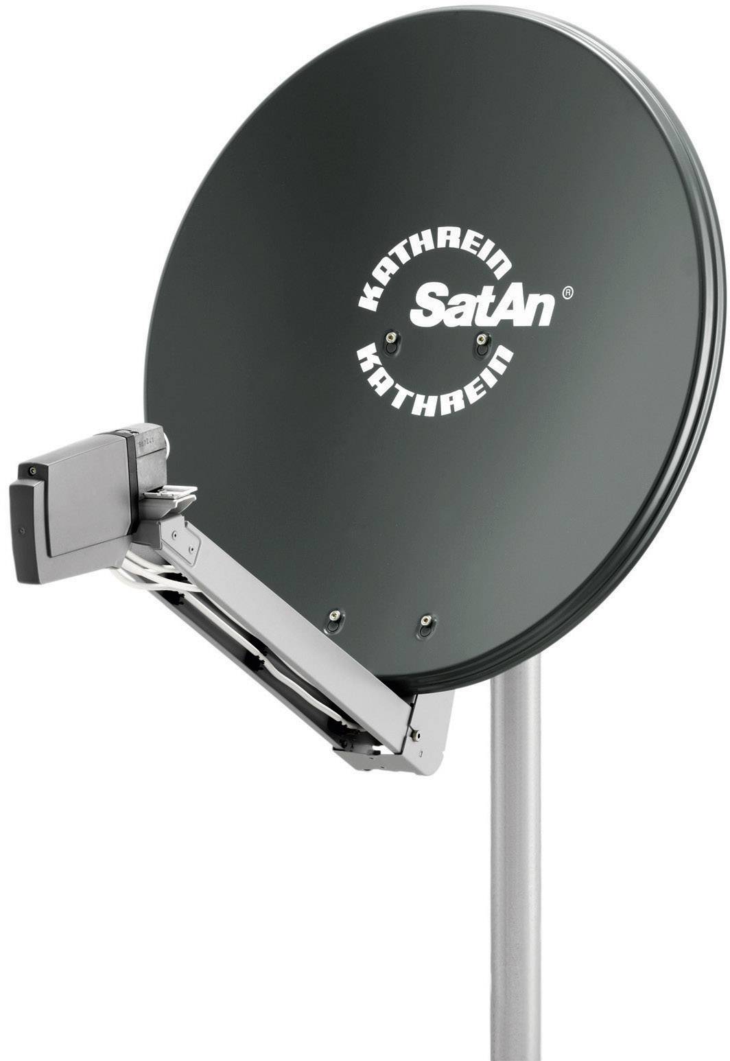 Satellitenschüssel auf einer Halterung, graue Oberfläche mit dem Logo 'KATHREIN'.