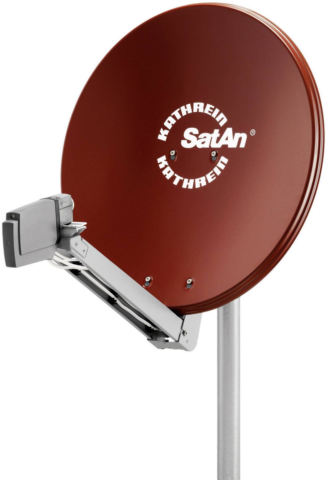 Rote Satellitenschüssel mit Aufschrift 'Kathrein SatAn', montiert auf einem Mast, betriebsbereit für den Empfang von Fernsehsignalen.
