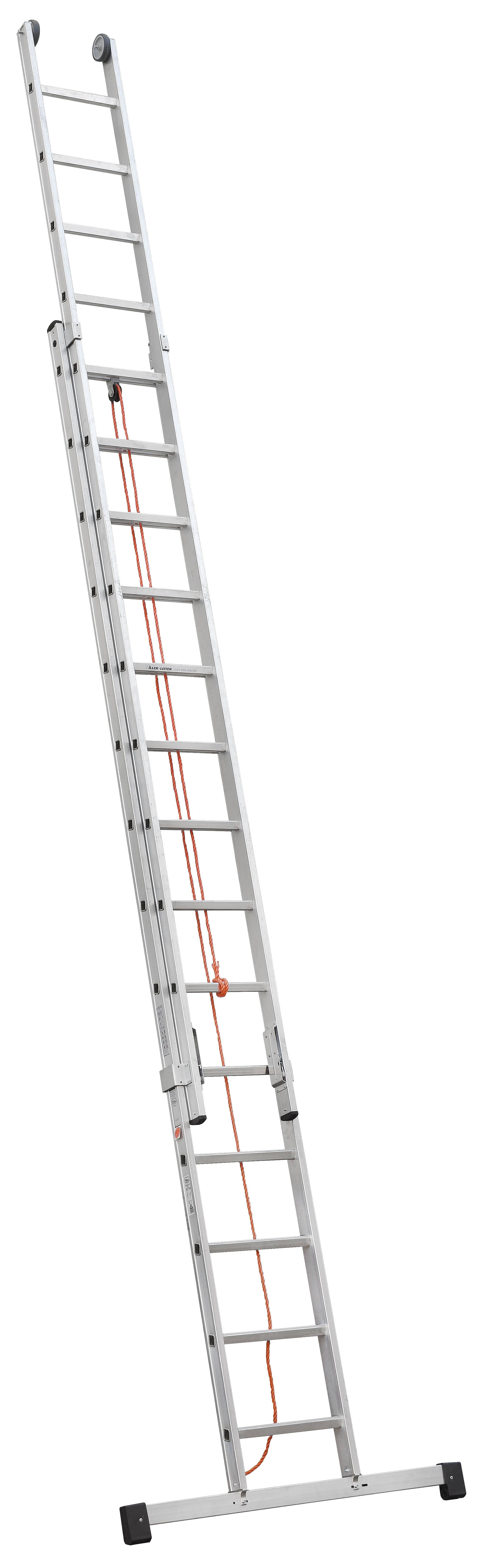 Iller Schiebeleiter in Industriequalität mit Seilzug und Traverse 2x24 Sprossen