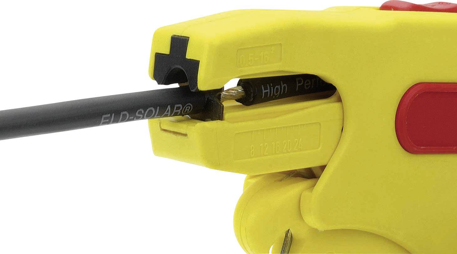 Ein gelbes Werkzeug, das ein Kabel abisoliert. Das Werkzeug hält das Kabel fest, während die Isolierung entfernt wird.