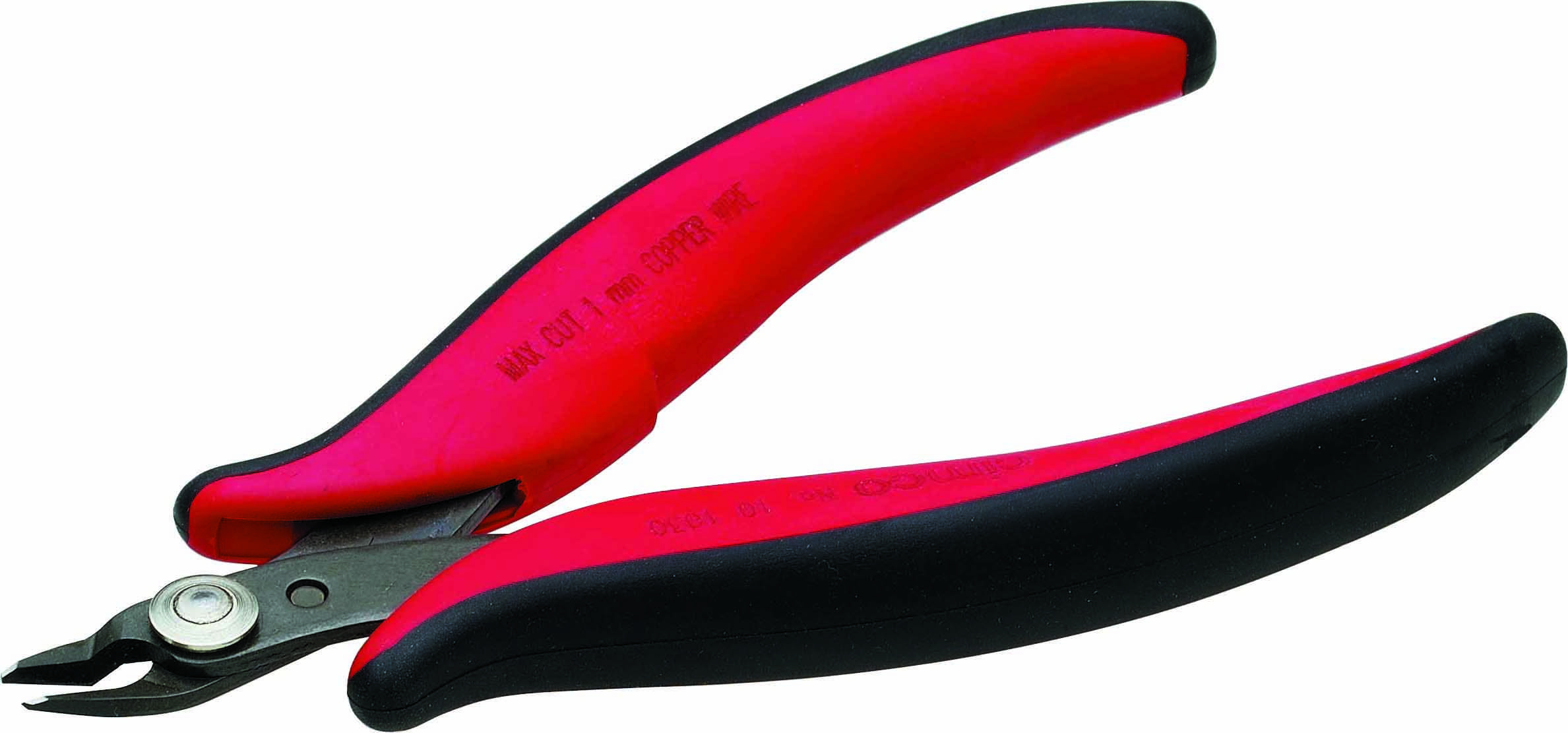 Rote und schwarze Drahtschere mit gebogenen Griffen, geeignet für präzises Schneiden von dünnen Drähten oder Kabeln.