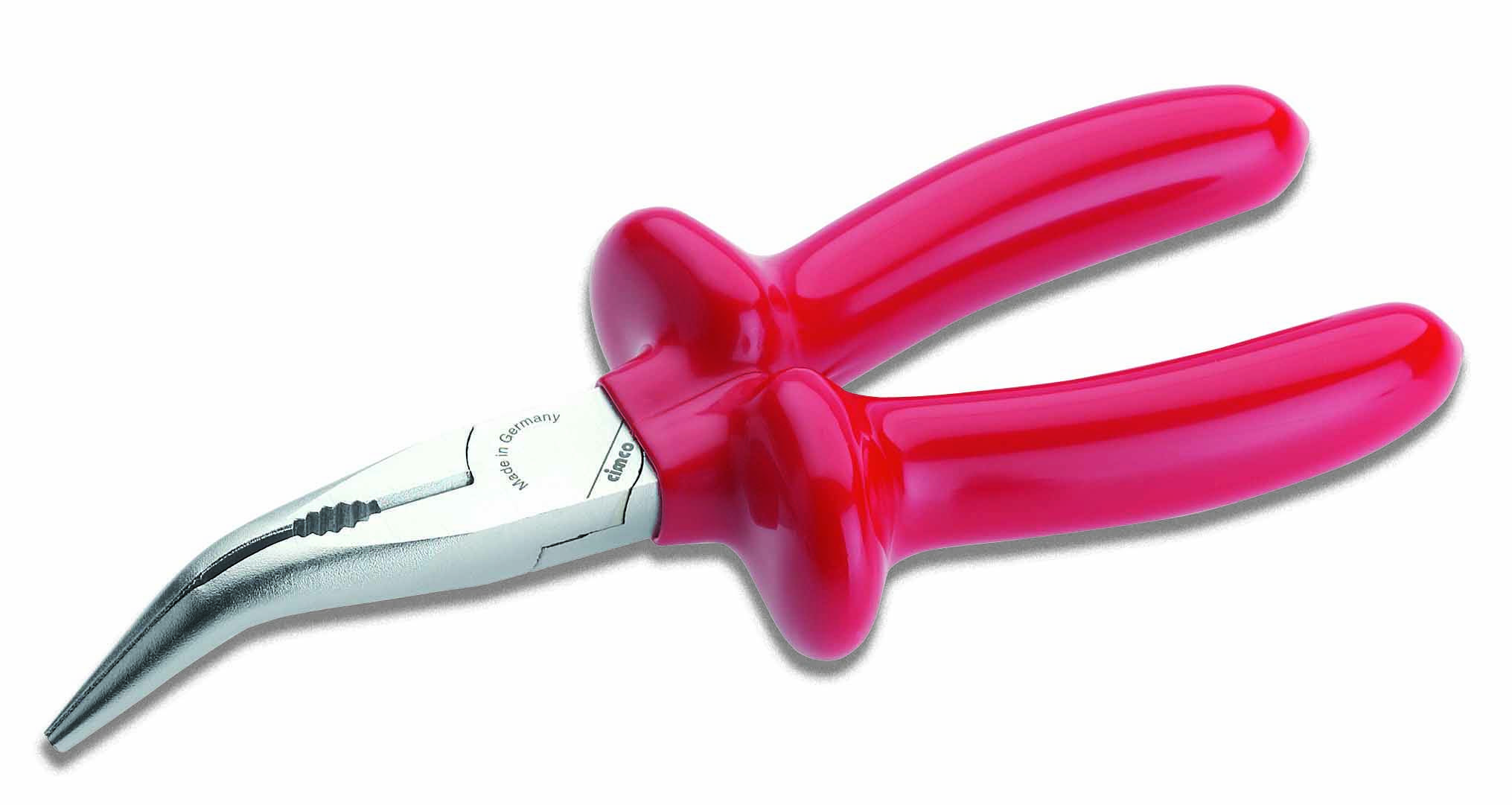Rote, gebogene Spitzzange mit Metallspitzen und ergonomischem Griff, geeignet für präzise Arbeiten in schwer zugänglichen Bereichen.