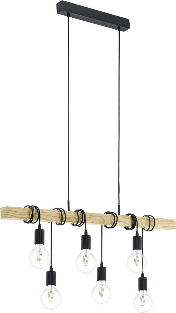 Vintage Pendelleuchte aus Holz und Stahl in Schwarz mit 6 E27 Fassungen