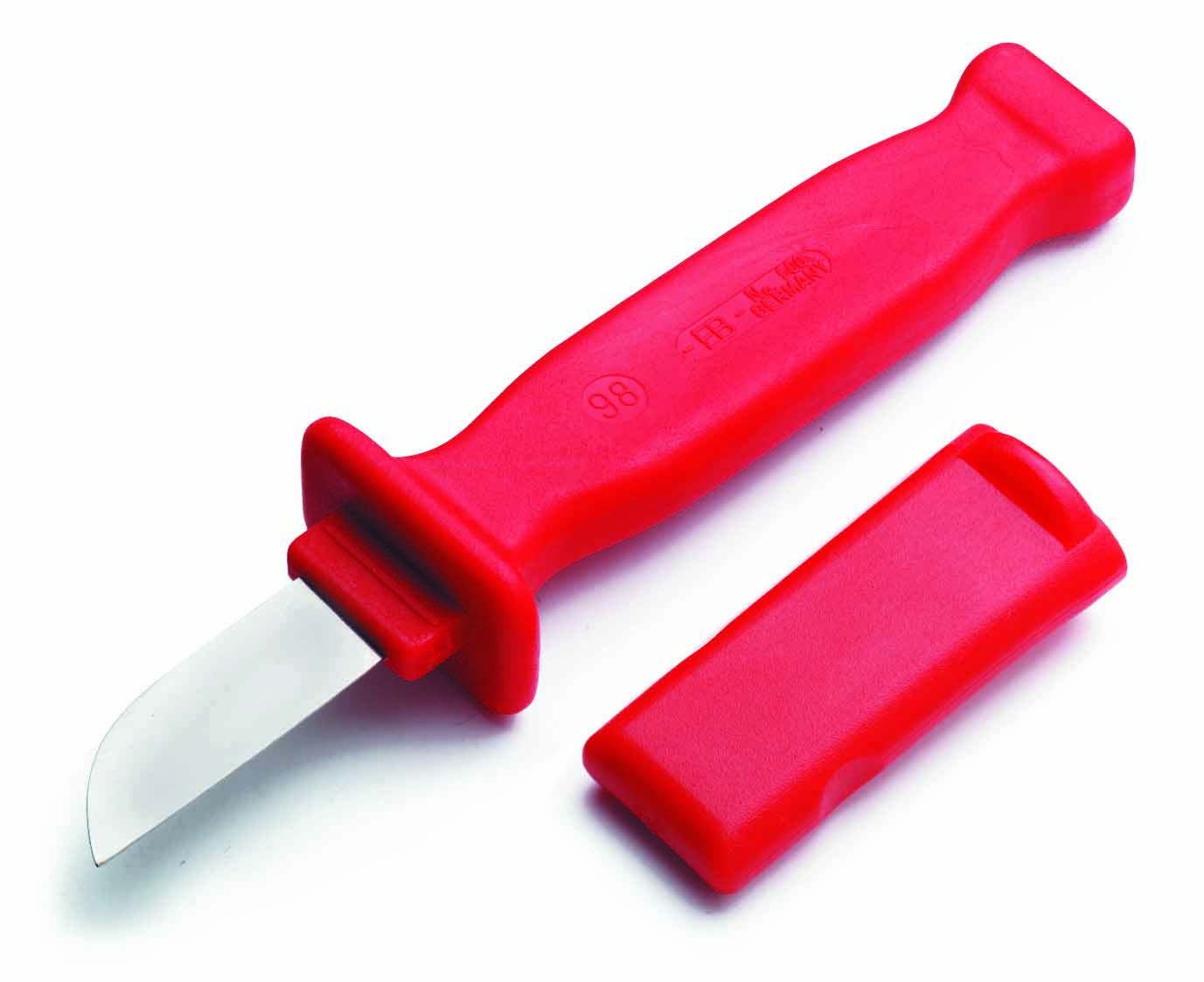 Rotes Kabelmesser mit abgerundeter Klinge und passender Abdeckung, möglicherweise für Elektroarbeiten verwendet.