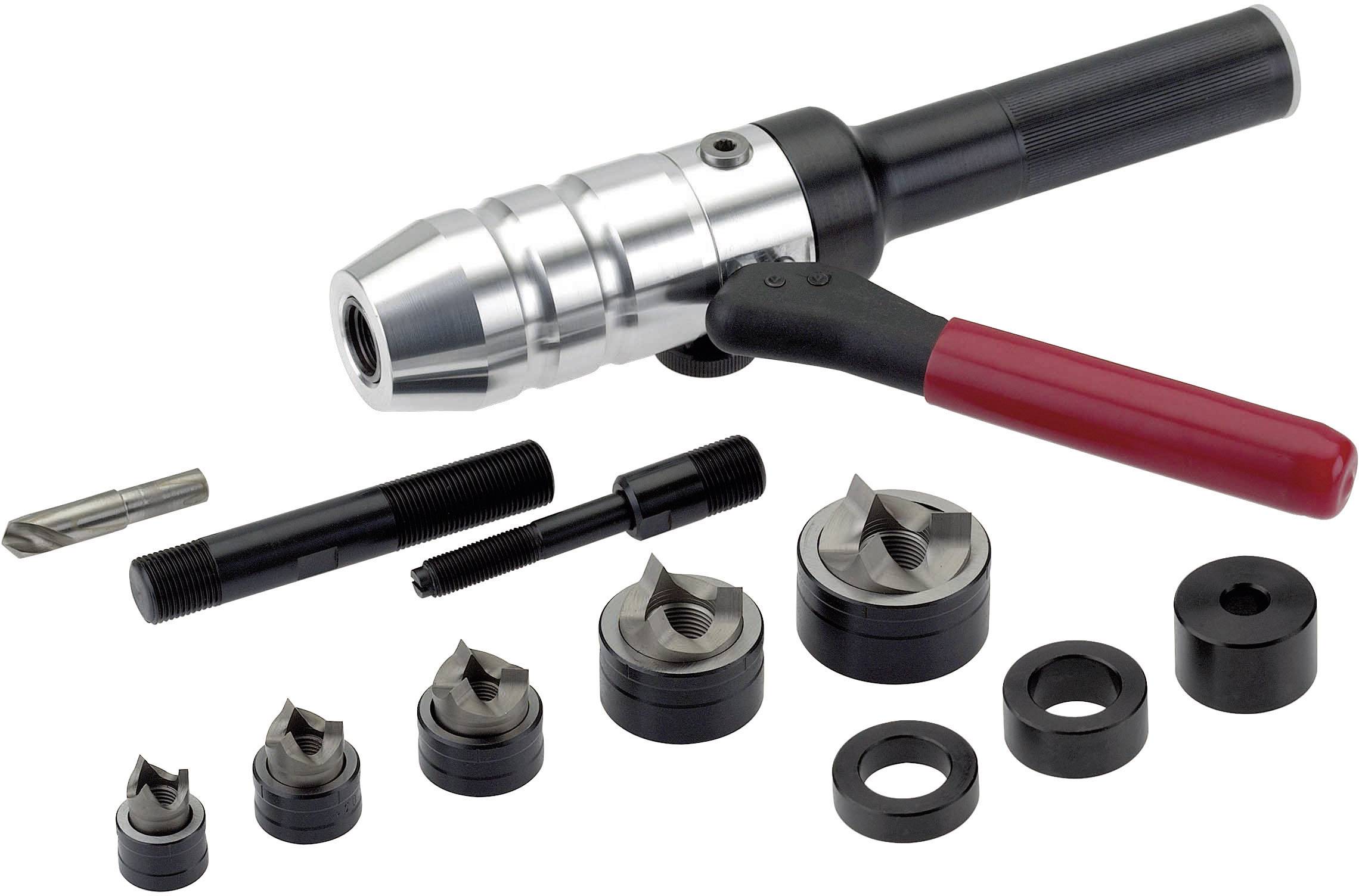 Ein manuelles Senkwerkzeug-Set mit silbernem Handgriff und diversen schwarzen und silbernen Aufsätzen in verschiedenen Größen.