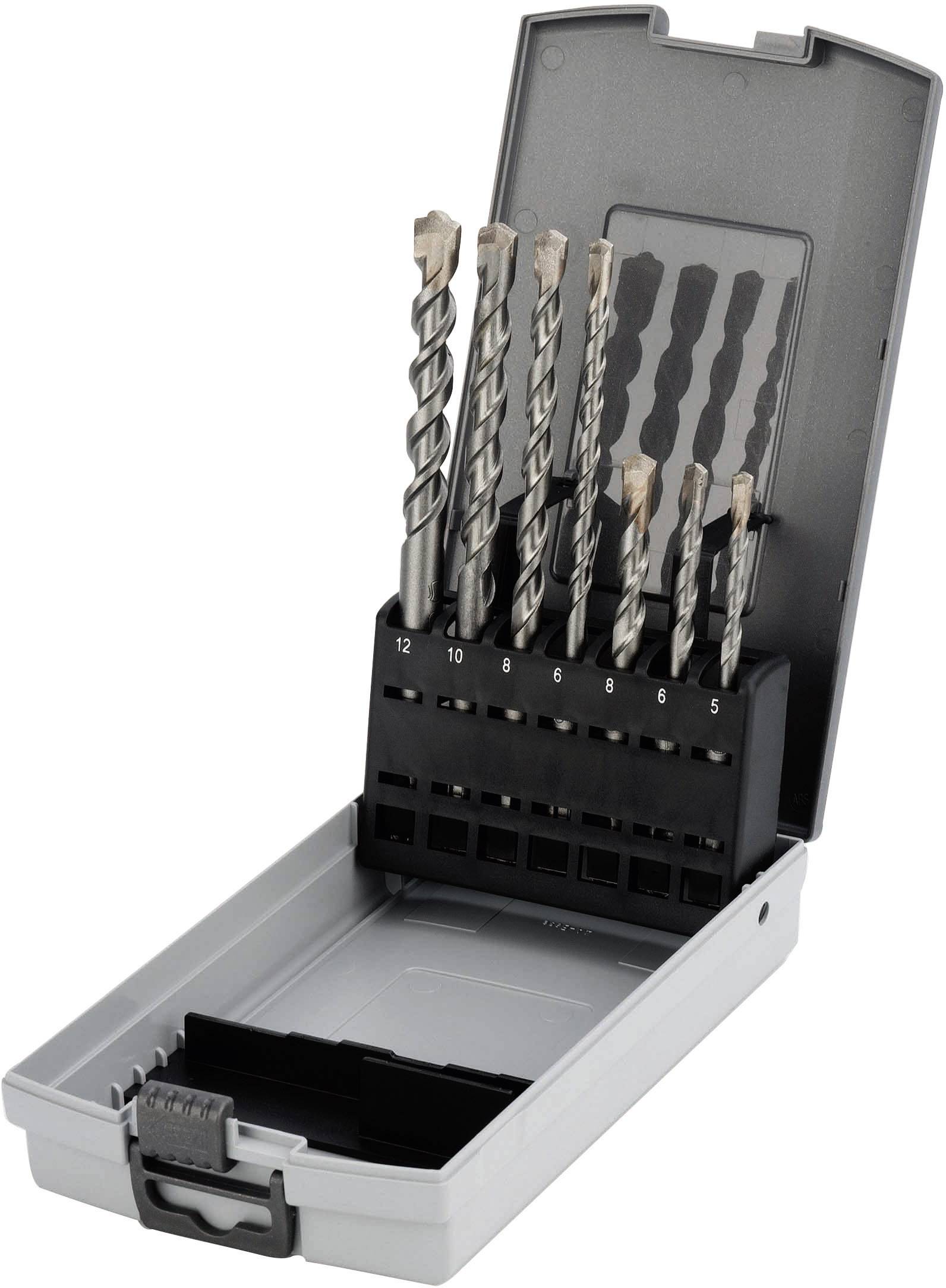 Bohrer-Set mit sieben unterschiedlich großen Bohrern in einem offenen grauen Kunststoffkasten, für vielseitige Handwerksarbeiten.