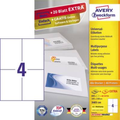 Avery-Zweckform 3483-200 Universal-Etiketten 105 x 148mm Papier Weiß 880 St. Permanent haftend Tintenstrahldrucker, Laserdrucker