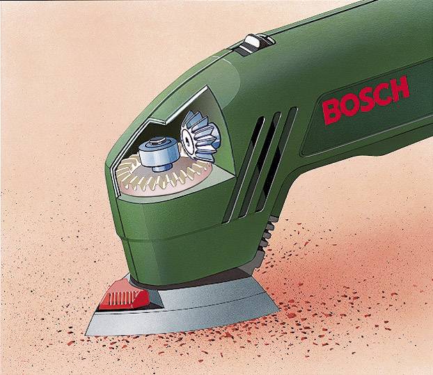 Ein grünes elektrisches Multitool mit rotem Bosch-Logo, das auf einer rosafarbenen Oberfläche arbeitet und Material abschleift.