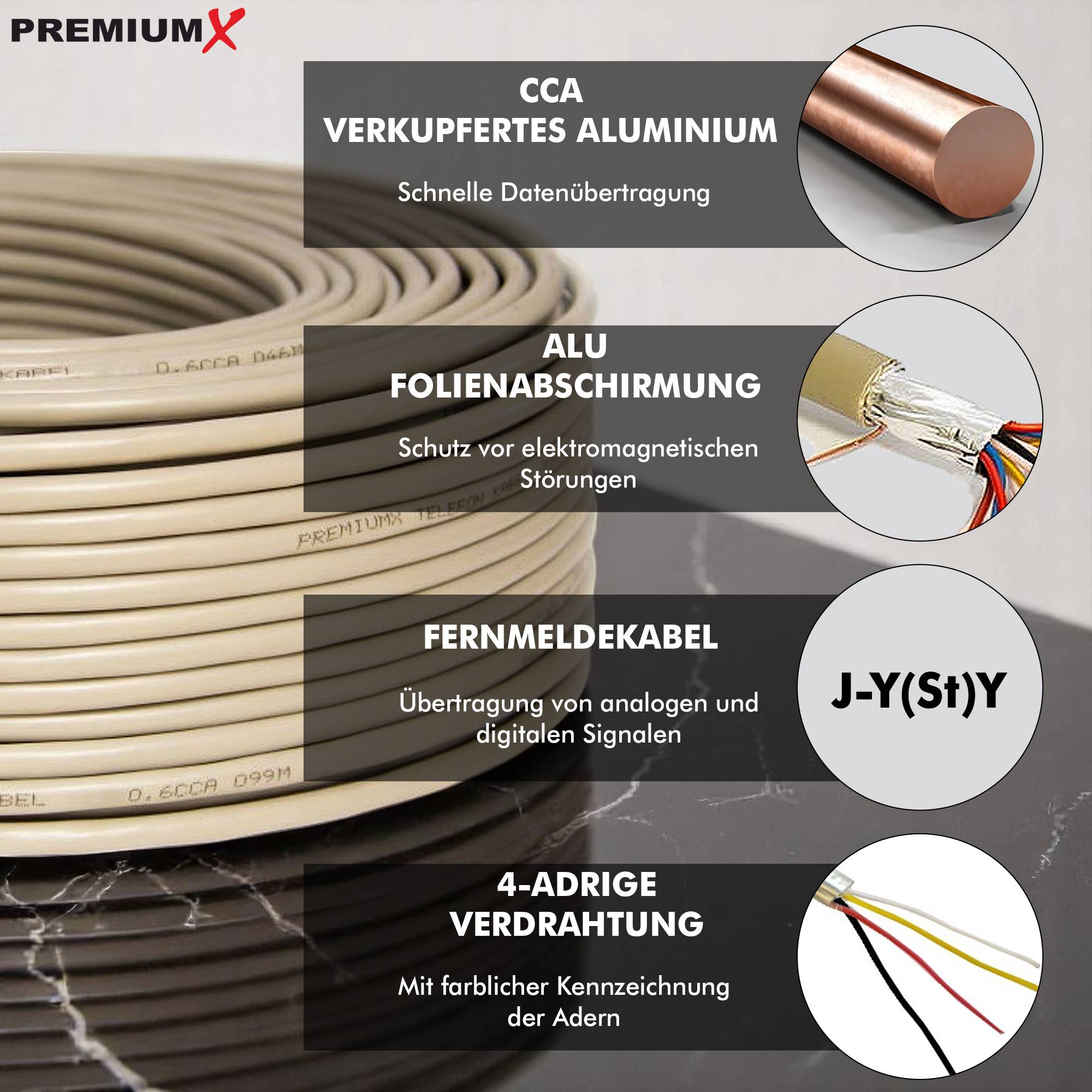 PremiumX 25m Telefonkabel 2x2x0,6mm J-Y(ST)Y Telefonleitung 4-Adern Fernmeldekabel Installationsleitung Verlegekabel