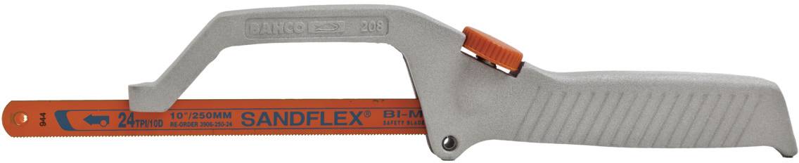 Eine Metallsäge mit grauem Griff und einer orangefarbenen Klinge, die mit 'SANDFLEX' beschriftet ist.