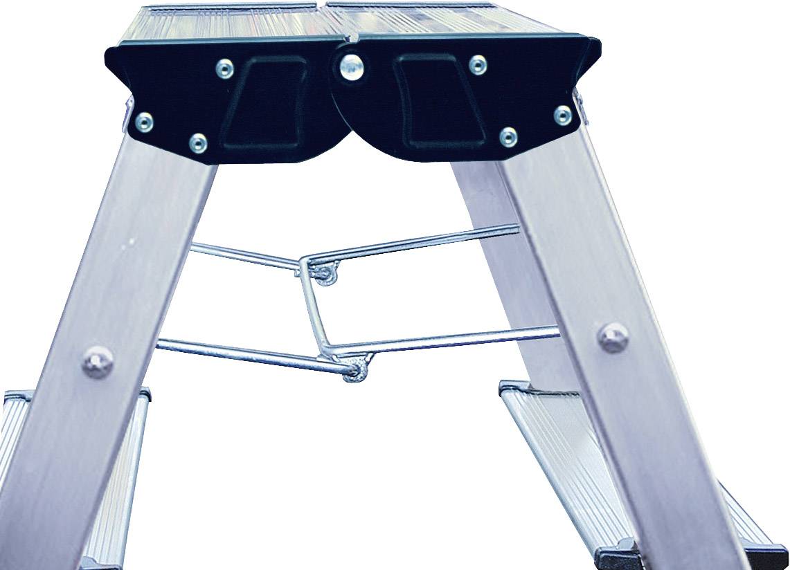 Ein stabiler Klapptritt mit verstärkter Querstrebe, aus Aluminium gefertigt, für den sicheren Einsatz beim Heimwerken oder im Gewerbe.