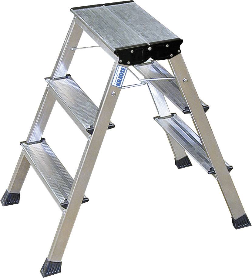 Eine klappbare Aluminiumleiter mit drei Trittstufen auf jeder Seite, geeignet für den Innen- und Außeneinsatz.