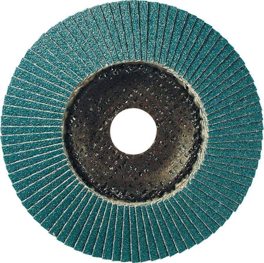 Fächerschleifscheibe Stahl und Edelstahl plus6 gewölbt 51468 Ø 125 mm Körnung 80 Bohrung 22,23 mm Drehzahl max. 13.300