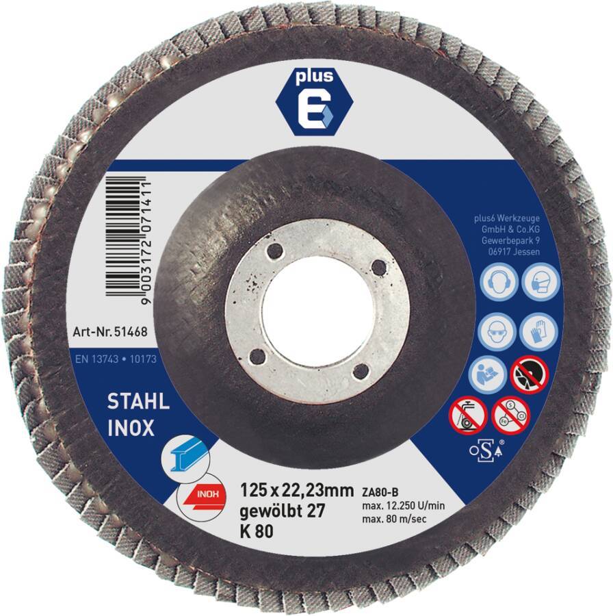 Fächerschleifscheibe Stahl und Edelstahl plus6 gewölbt 51468 Ø 125 mm Körnung 80 Bohrung 22,23 mm Drehzahl max. 13.300