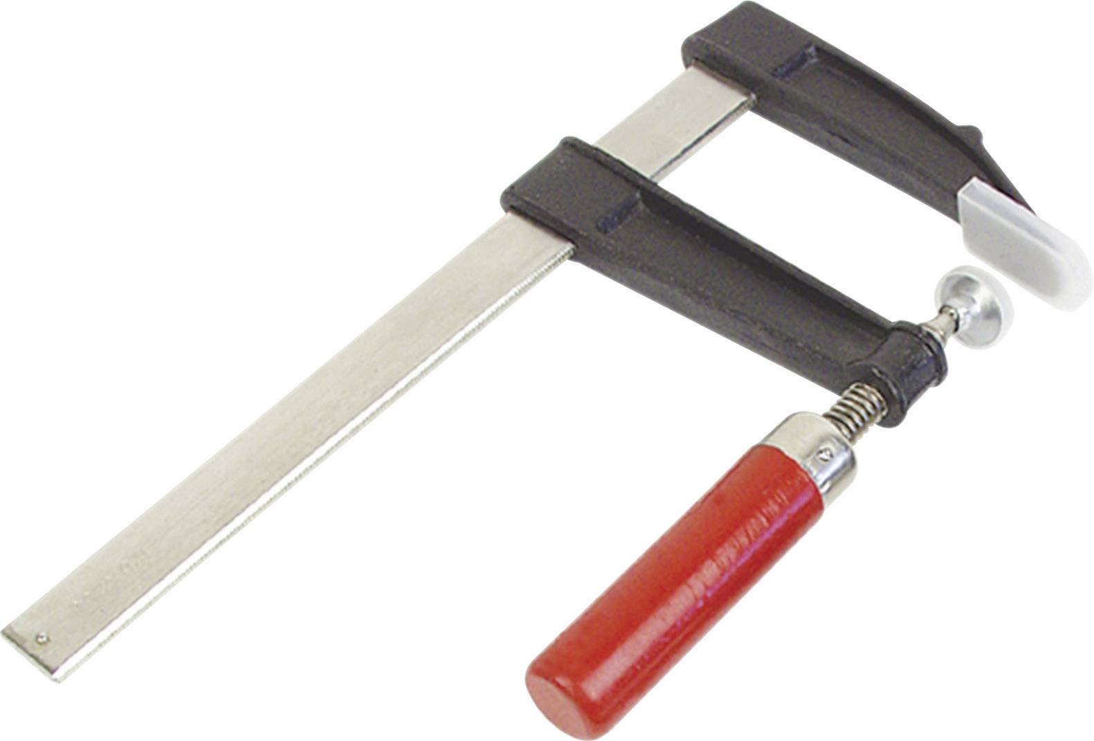 Eine Schraubzwinge mit rotem Griff und metallischem Arm, die zum Festklemmen von Werkstücken verwendet wird.