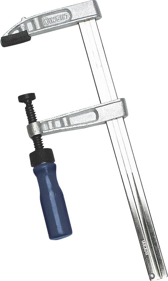 Metallzwinge mit blauem Griff, verwendet zum Sichern von Werkstücken bei Holz- oder Metallarbeiten.