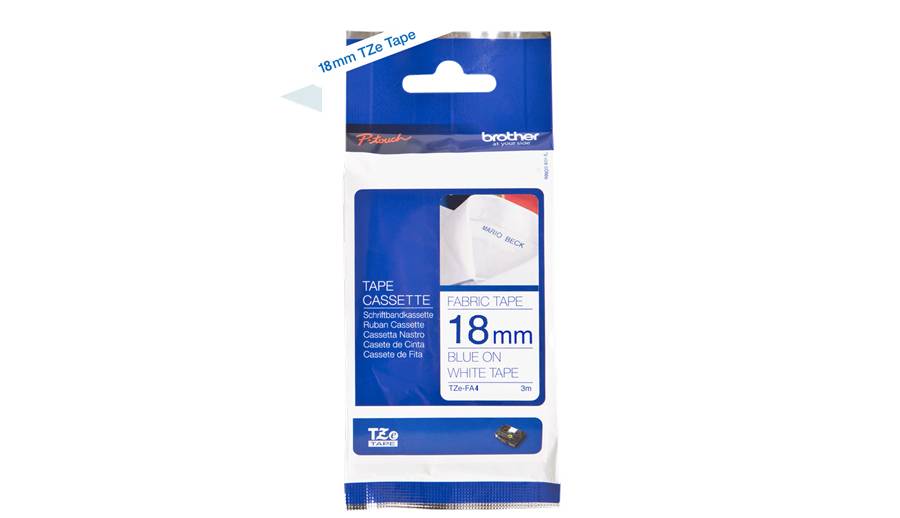 Schriftband Textil unlaminiert Brother TZe TZe-FA4B Bandfarbe: Weiß Schriftfarbe:Blau 18 mm 3 m