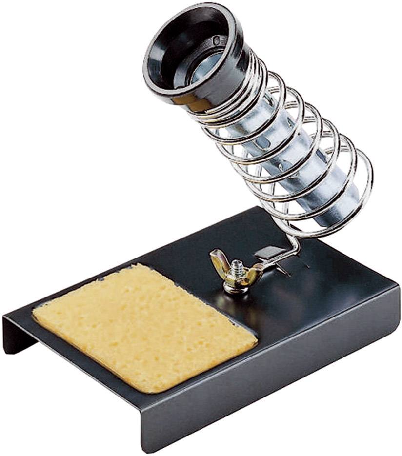 Lötkolbenhalter aus Metall mit Spiralkabel und Reinigungsschwamm, verwendet zum sicheren Abstellen von Lötkolben während des Lötens.
