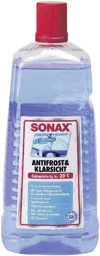 Flasche mit blauer Flüssigkeit und rotem Deckel, Etikett 'Sonax Antifrost & Klarsicht', geeignet bis -20°C, für Autoscheiben.