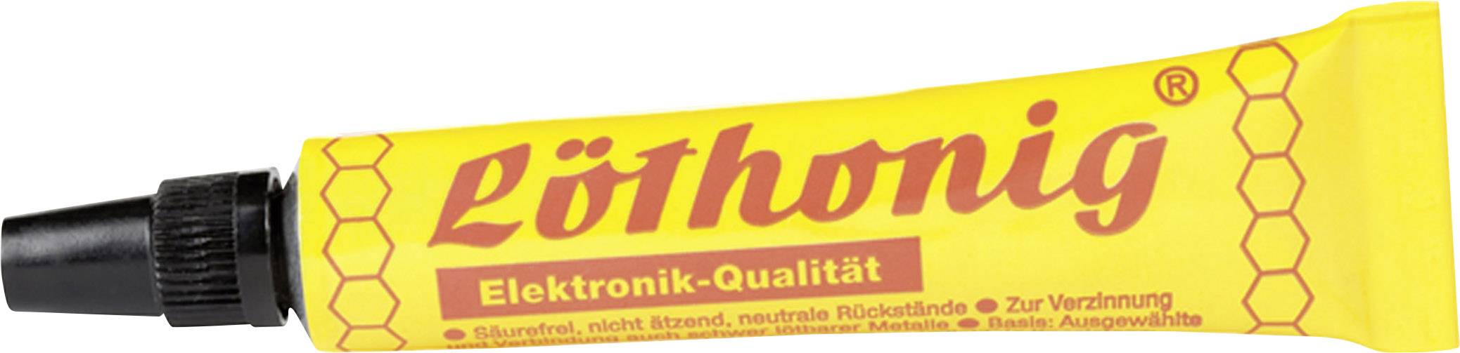 Eine gelbe Tube mit der Aufschrift 'Löthonig Elektronik-Qualität'. Enthält Hinweise wie 'säurefrei, neutral, zur Verzinnung'.
