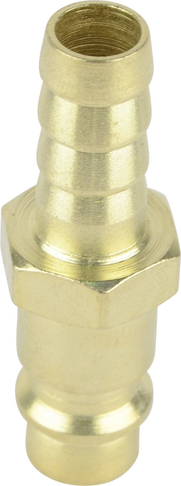 Messing-Schlauchverbinder mit geriffeltem Ende und Sechskantmutter für den Anschluss von flexiblen Schläuchen an Rohrsysteme.