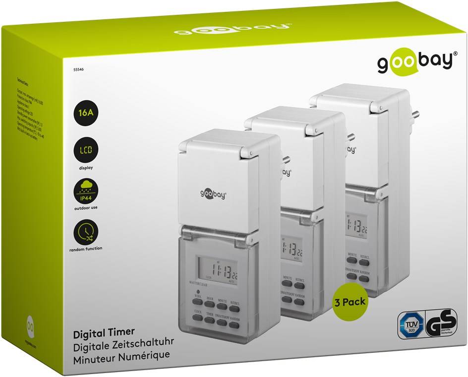 Goobay 3er-Set, Digitale Zeitschaltuhr IP44 Leicht zu bedienende digitale Zeitschaltuhr