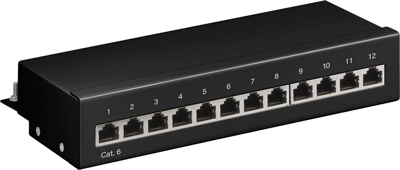 Goobay 69307 CAT6 Patch Panel 12 Port RJ45 Buchsen für Netzwerkkabel 250 MHz Patchfeld LAN Verteilerfeld Desktop Schwarz