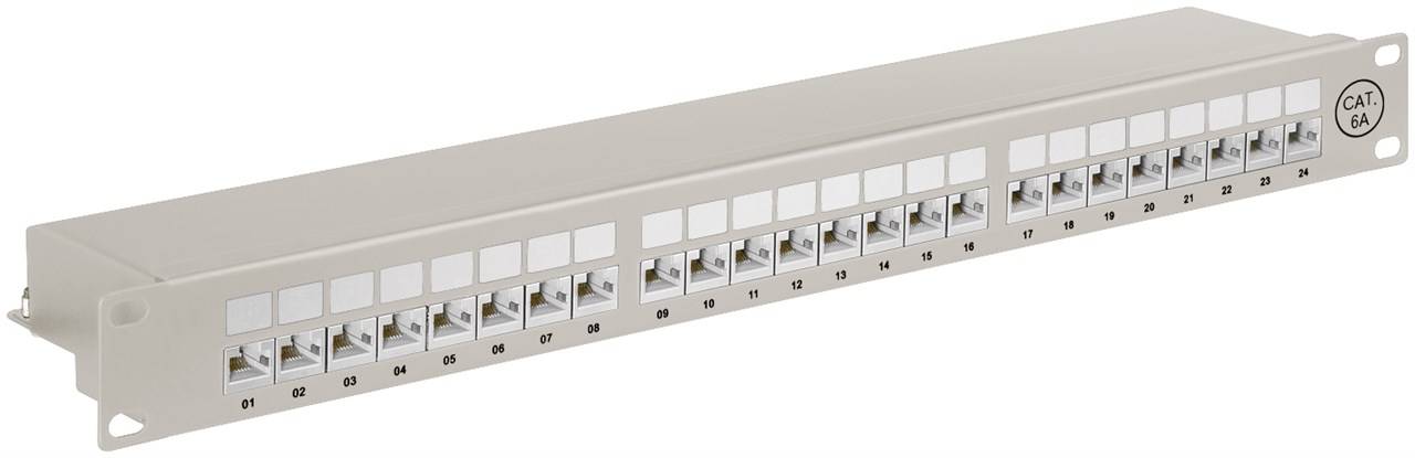 Goobay 90855 CAT 6A Patch Panel 24 Port 19 Zoll 1 HE RJ45 Buchsen Netzwerkkabel 500 MHz Patchfeld Verteilerfeld Grau