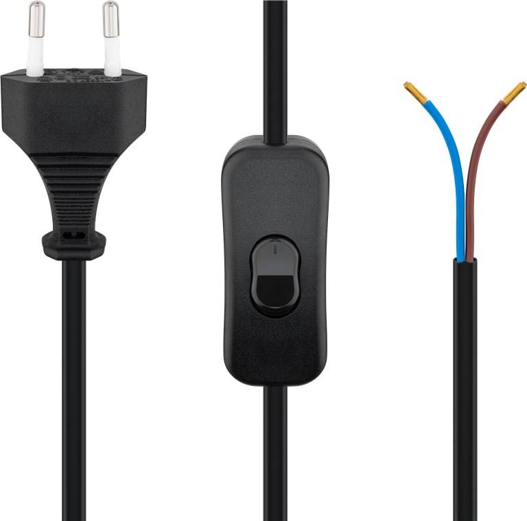 Goobay 51350 Netzkabel mit Schalter Euro Kabel Eurostecker abisolierte Kabelenden 2-polig Schnurschalter Schwarz 1.50 m