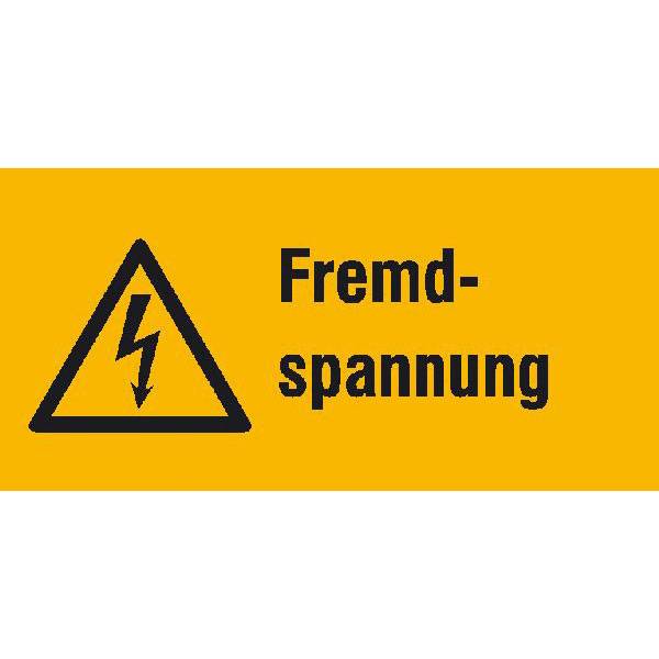 Fremdspannung Warnschild, selbstkl. Folie ,13,10x6,50cm DIN EN ISO 7010 W012 + Zusatztext ASR A1.3 W012 + Zusatztext