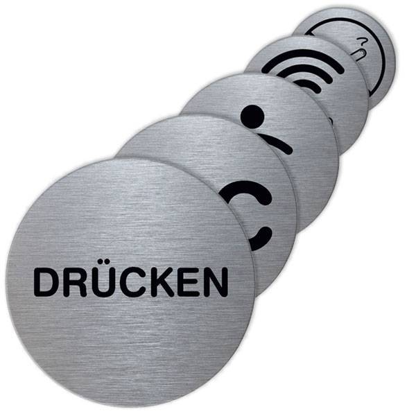 Piktogramm rund, verschiedene Symbole, Durchm.: 7,0 cm, inkl. Klebepad Version: 01 - DRÜCKEN