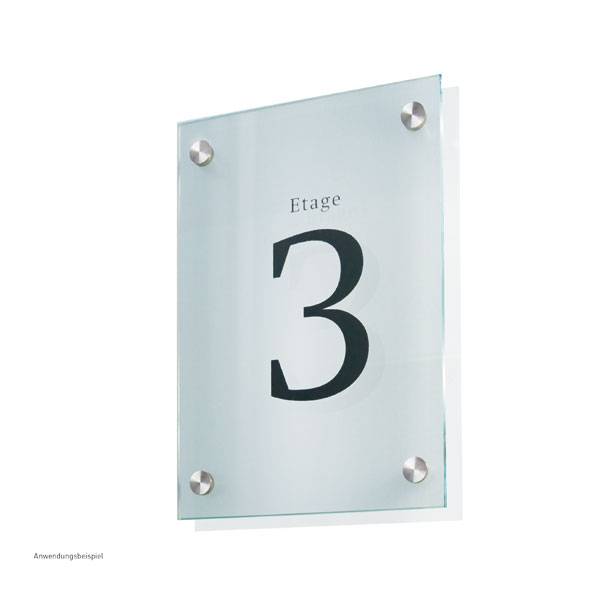 Wandschilder CRISTALLO, 8 mm ESG, 4 Halter à 18 mm, Maße: 21,0 x 29,7 x 2,8 cm