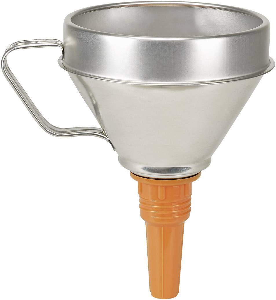 Ein Metalltrichter mit Griff und orangem Kunststoffauslauf, verwendet zum sicheren Abfüllen von Flüssigkeiten in Behälter.
