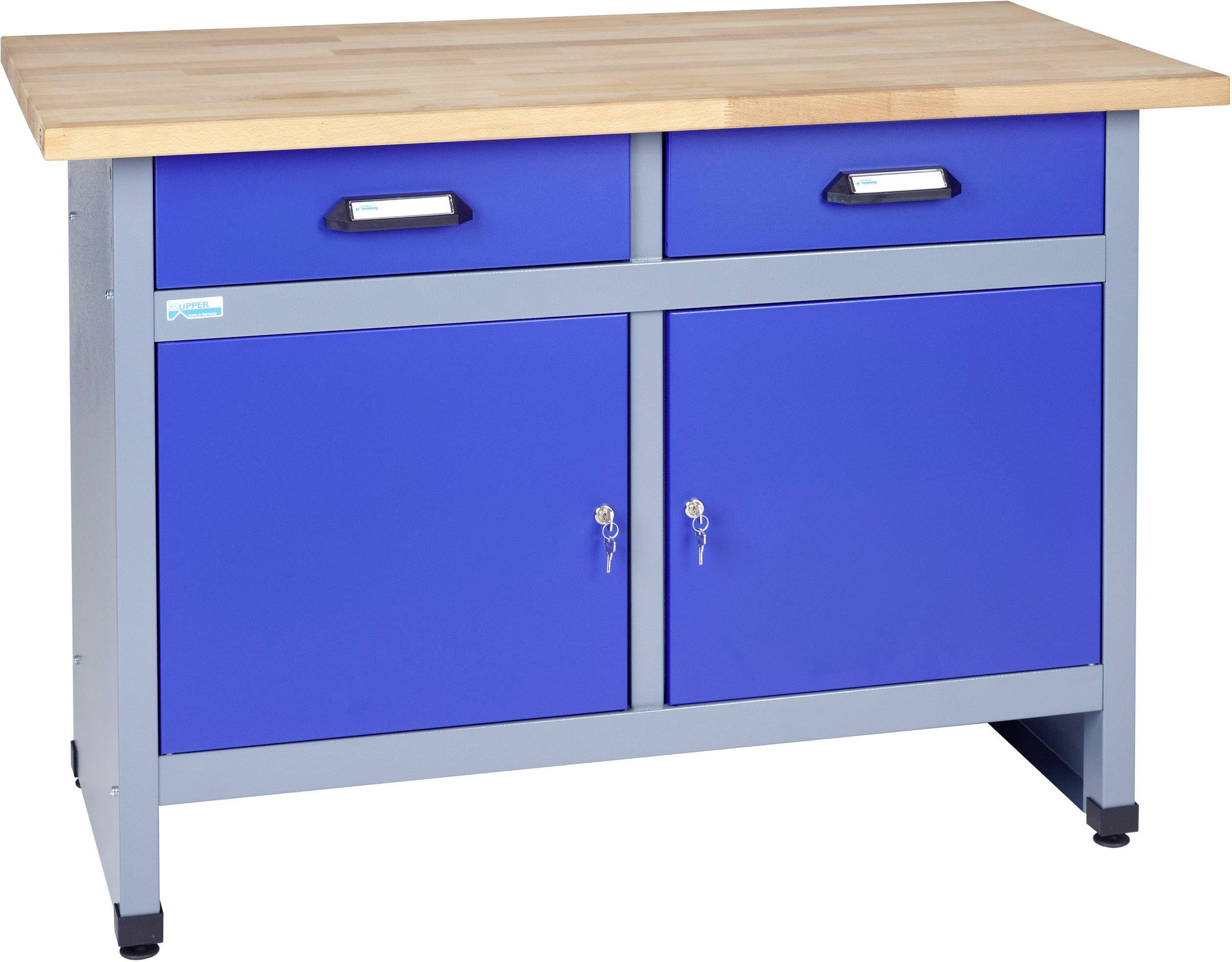 Blauer Werkstattwagen aus Metall mit Holzarbeitsplatte, zwei Schubladen und zwei verschließbaren Türen, freistehend.
