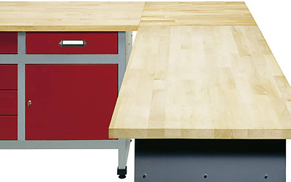 Arbeitstisch mit roter Schubladen- und Türkombination, Metallbeinen und großer Holzarbeitsfläche. Geeignet für Werkstattarbeiten.