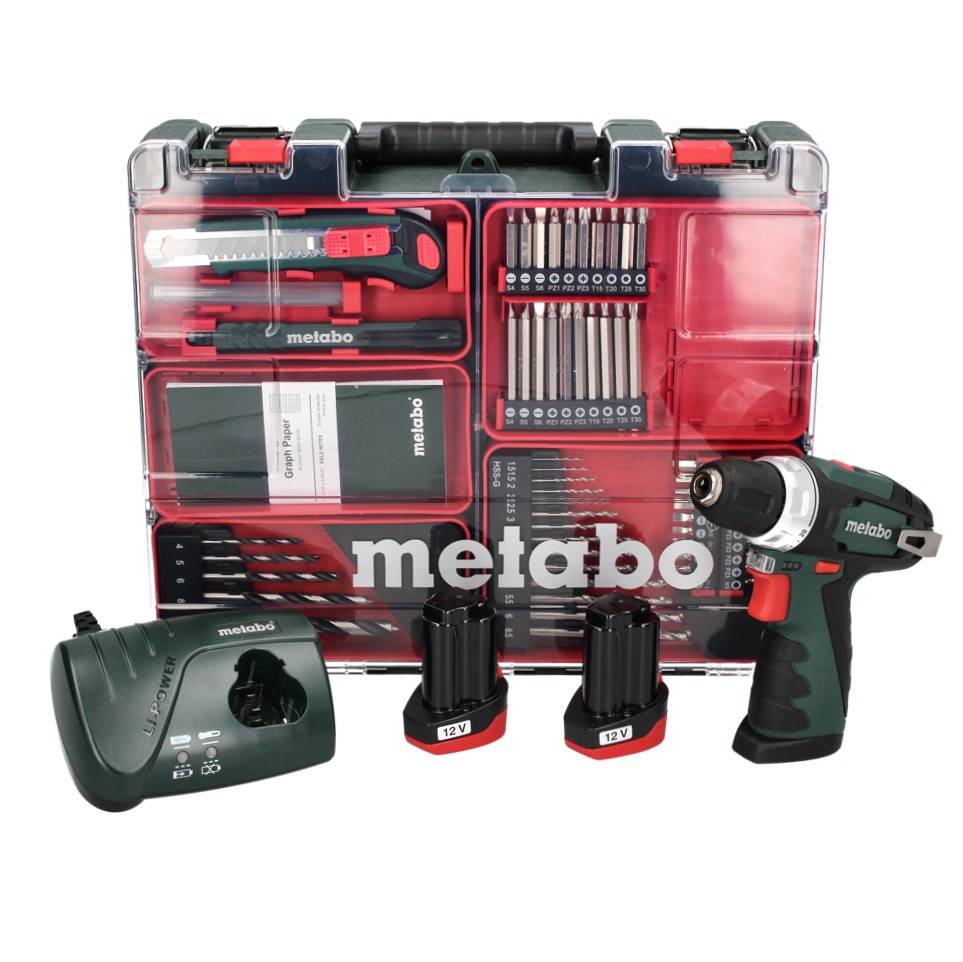 Metabo PowerMaxx BS 600080880 Akku-Bohrschrauber 12 V 2 Ah Li-Ion inkl. 2. Akku, inkl. Koffer, mit Zubehör