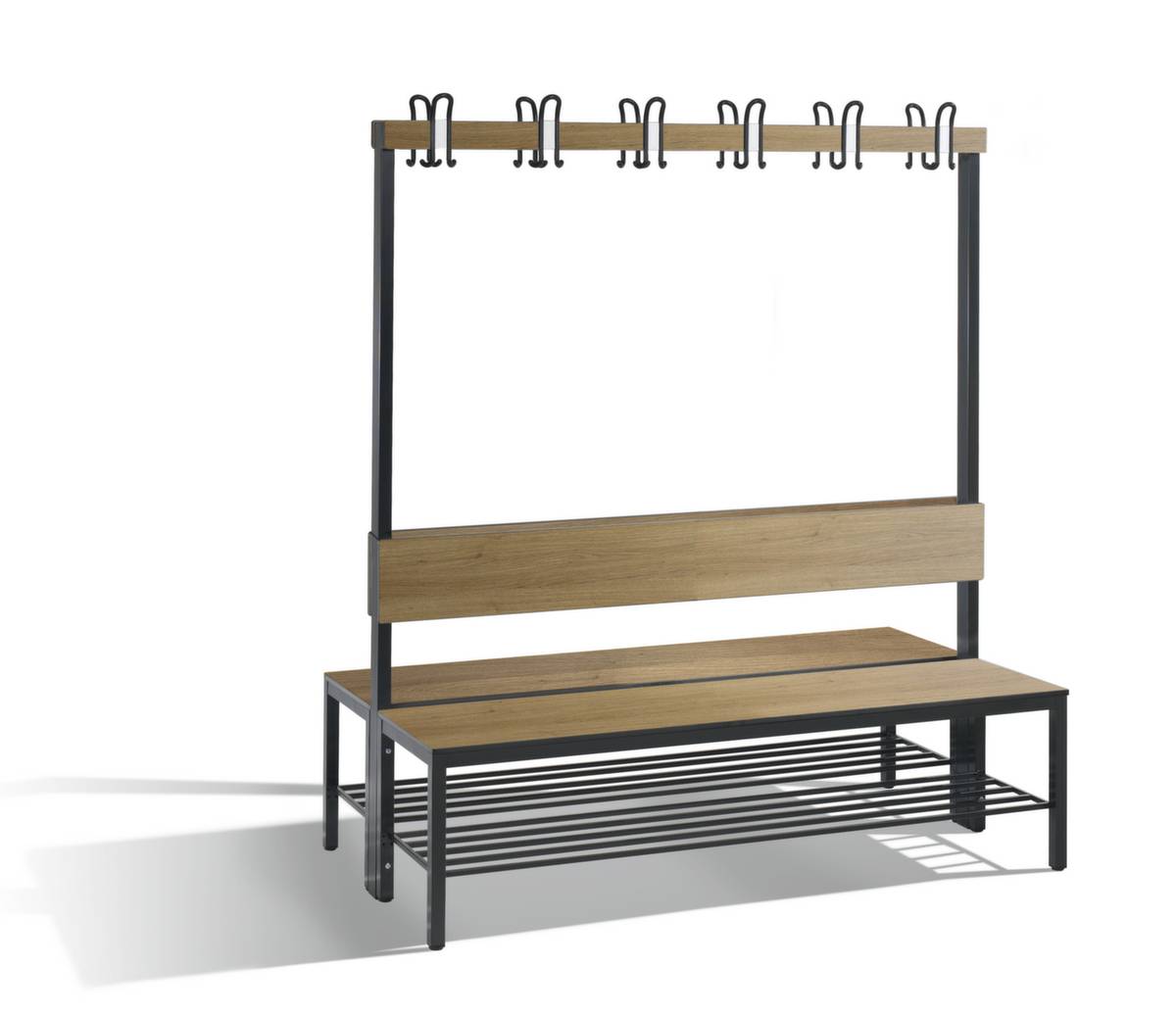 Umkleidebank COMFORT doppelseitig HPL Lehne und Hakenleiste Länge 1500 mm Dekor Eiche Schuhrost. C+P 587298