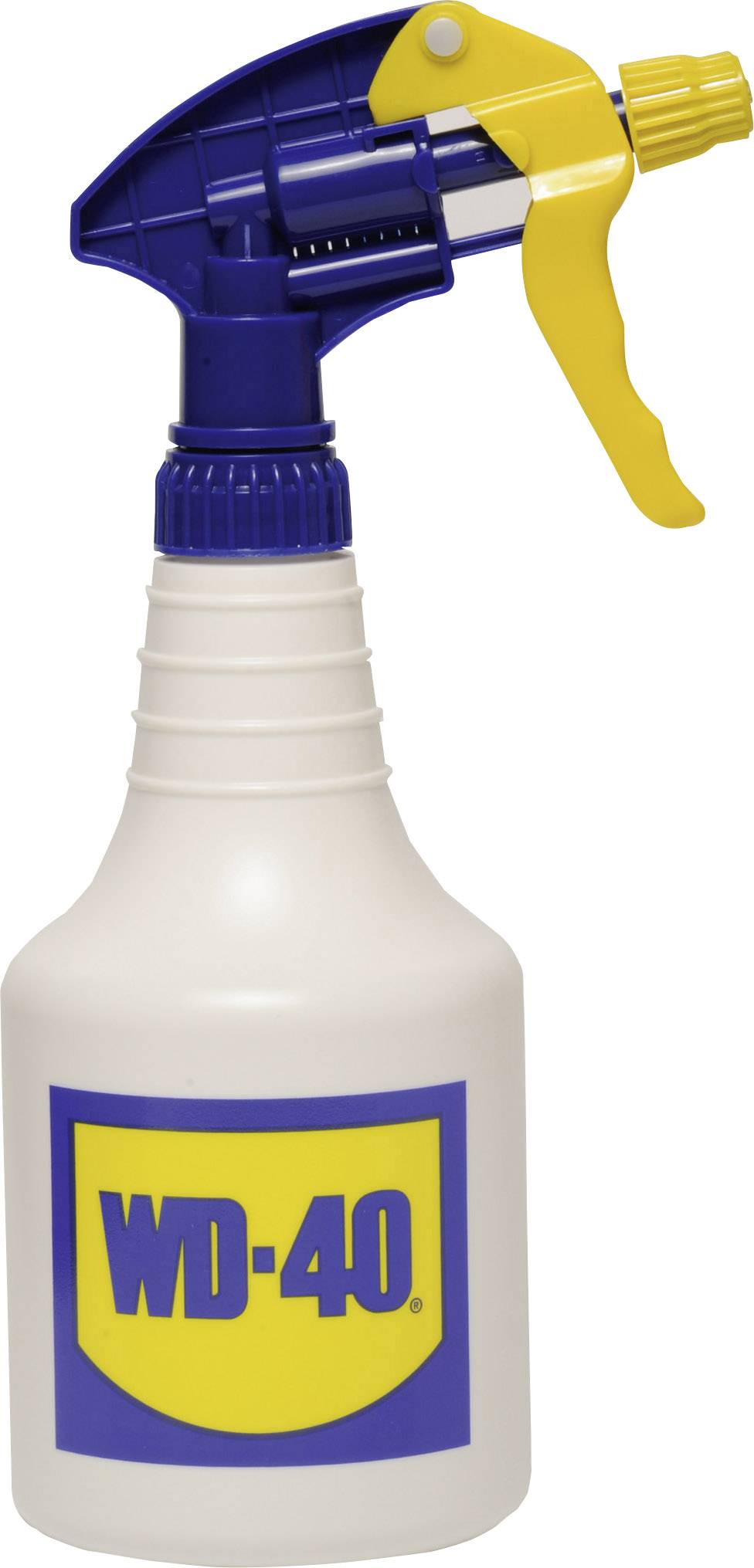Sprühflasche mit Aufdruck 'WD-40' in Blau und Gelb. Die Flasche ist weiß, und der Sprühkopf ist blau mit einem gelben Griff.
