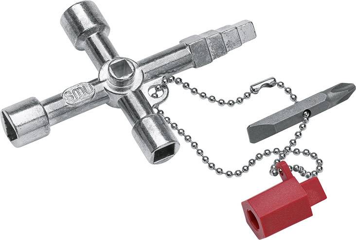Ein silbernes Vierkantschlüssel-Werkzeug mit Kettenanhänger und rotem Adapter. Verwendet zum Öffnen technischer Verschlüsse.