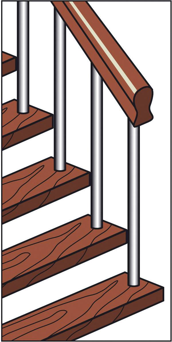 Illustration einer hölzernen Treppe mit Metallgeländer, zeigt vier Stufen und Handlauf aus Holz.