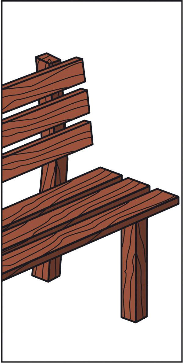 Holzbank mit drei Latten als Rückenlehne und zwei Beinen. Die Struktur wirkt einfach und funktional.