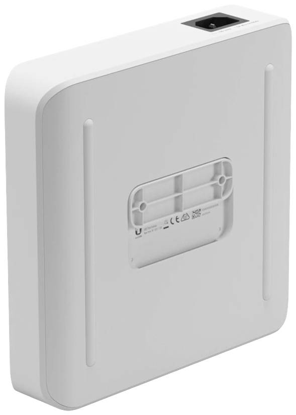 Ein weißer, quadratischer WLAN-Access-Point mit leicht abgerundeten Kanten, geeignet zur Wandmontage. Oben befindet sich ein Ethernet-Anschluss.