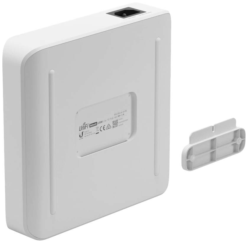 Ein weißes, quadratisches elektronisches Gerät mit Ethernet-Anschluss oben, neben einer Halterung. Auf der Rückseite sind Herstellerinformationen.