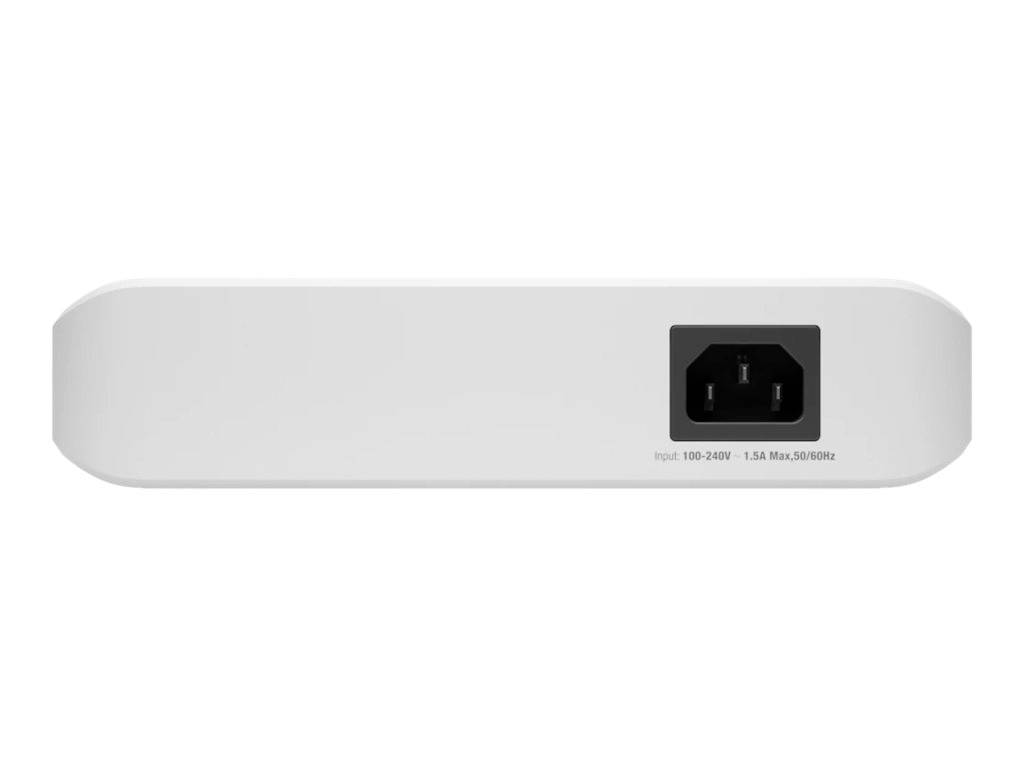 Rückansicht eines weißen elektronischen Geräts mit einem Netzanschluss für 100-240V, 1,5A, maximal 300W.