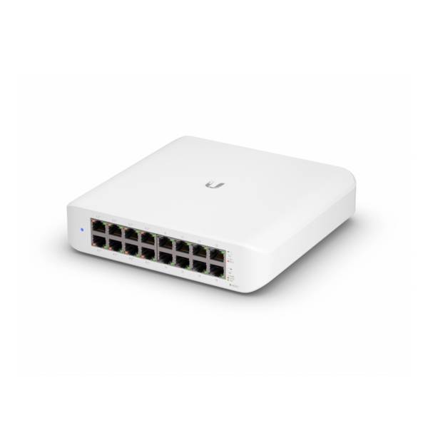 Ein weißer Netzwerk-Switch mit 16 Ethernet-Ports, geeignet für die Verbindung mehrerer Geräte in einem lokalen Netzwerk.
