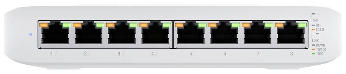 Ein 8-Port-Netzwerk-Switch mit LED-Anzeigen für Aktivität und Status oberhalb der Ethernet-Anschlüsse.