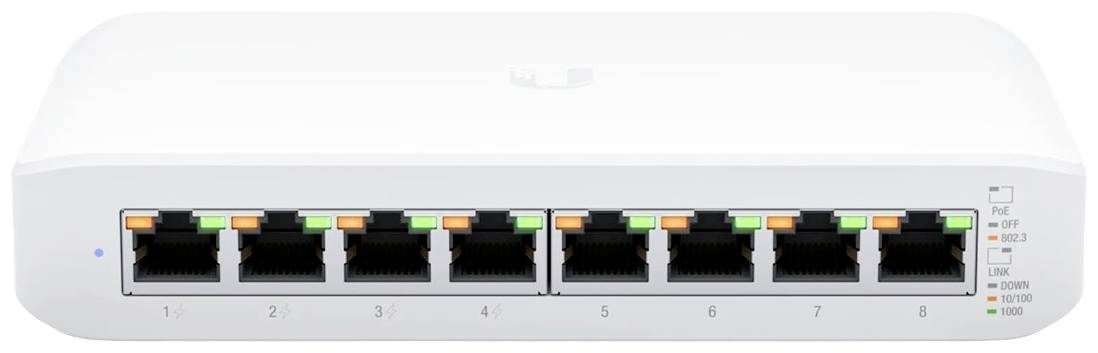 Acht-Port-Switch mit LED-Anzeigen, zeigt Link- und Datenübertragungsstatus.