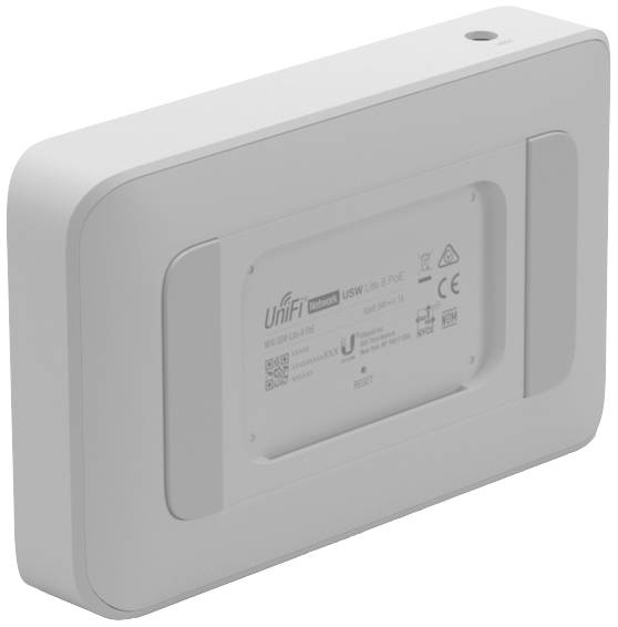 Ein weißer Netzwerk-Switch von hinten, Modell 'UniFi USW-Lite-8-PoE' mit technischen Details und Prüfzeichen auf der Rückseite.