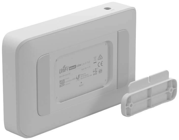 Ein weißes, rechteckiges Gerät von UniFi mit abnehmbarem hinterem Panel, enthält technische Spezifikationen und Markenlogo.